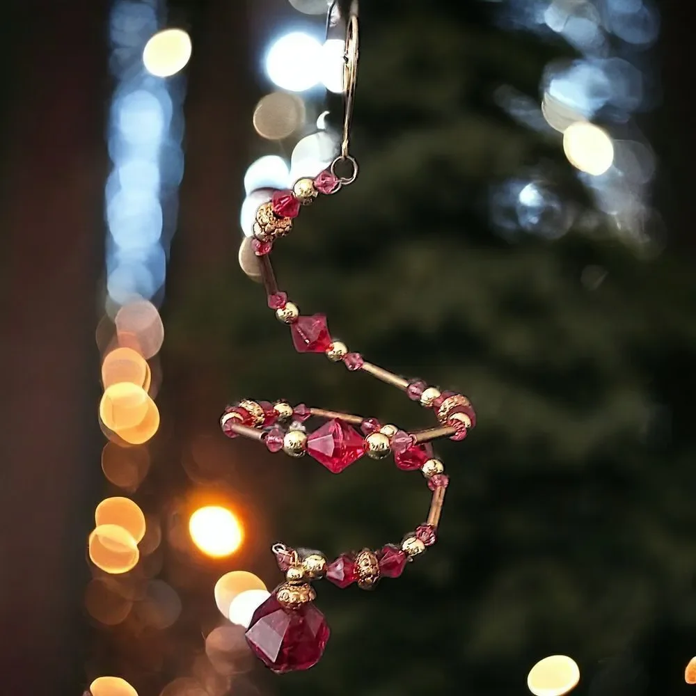 Beaded Memory Wire Ornament Spiral Dangle‎ Twist Sparkly Christmas Red Gold Tone